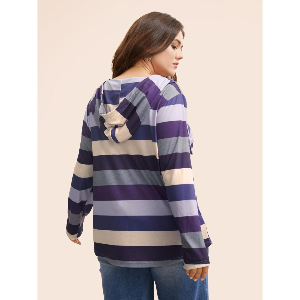 Plus Size Contrast Striped Hooded Drawstring T-shirt Eggplant Women Casual Drawstring Hooded Everyday T-shirts BloomChic 22-24/3X Product Image