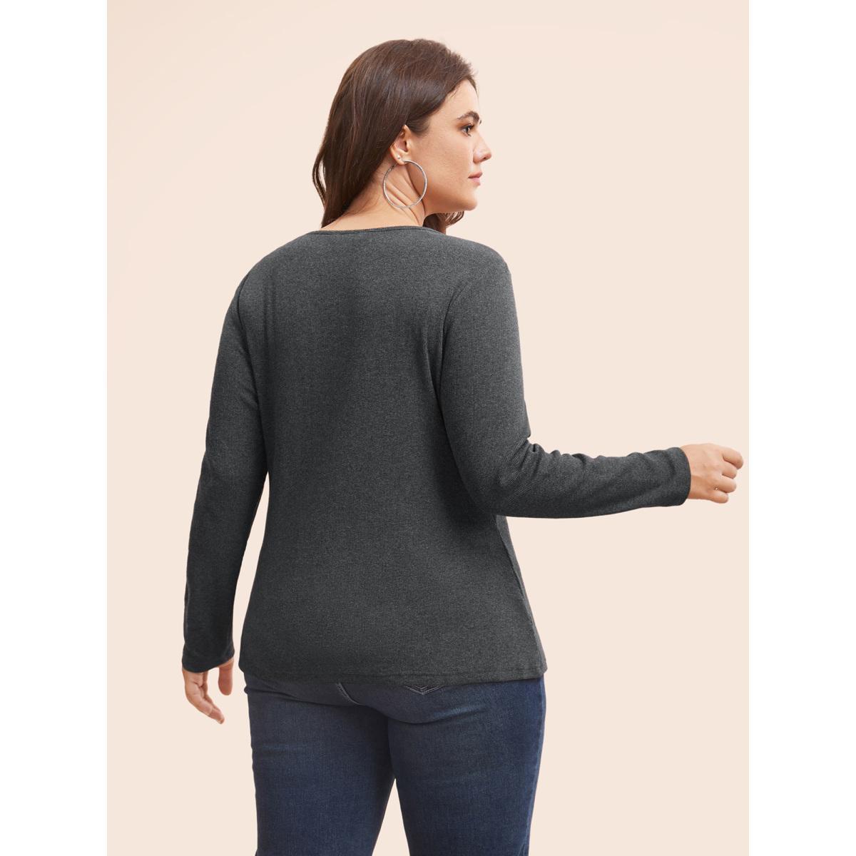 Plus Size Cotton Rib Knit Button Up T-shirt DimGray Women Casual Texture Round Neck Bodycon Everyday T-shirts BloomChic 22-24/3X Product Image