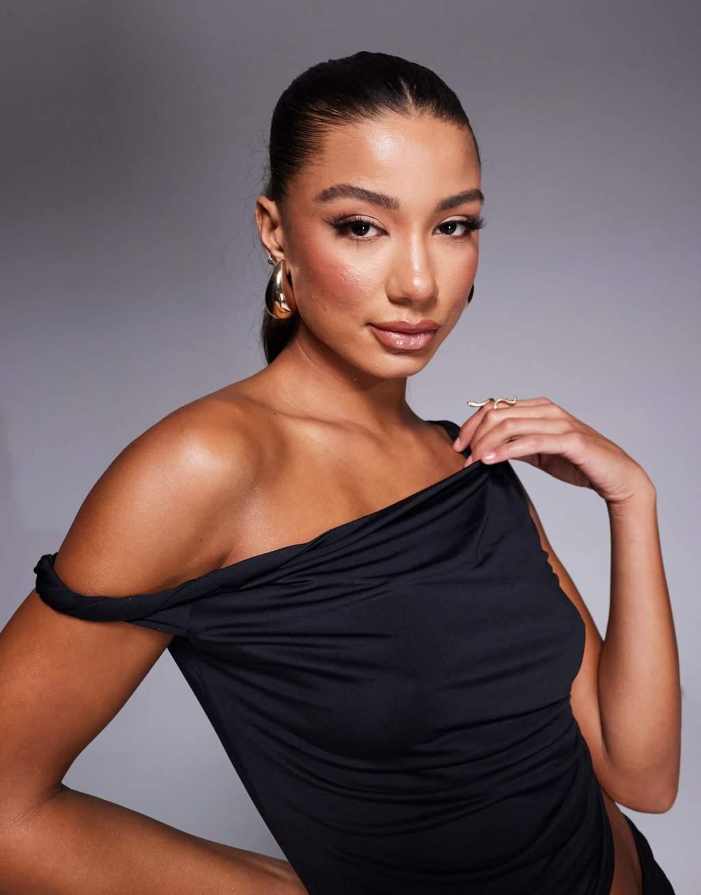 ASOS DESIGN slinky twisted off the shoulder asymmetric top in black Product Image