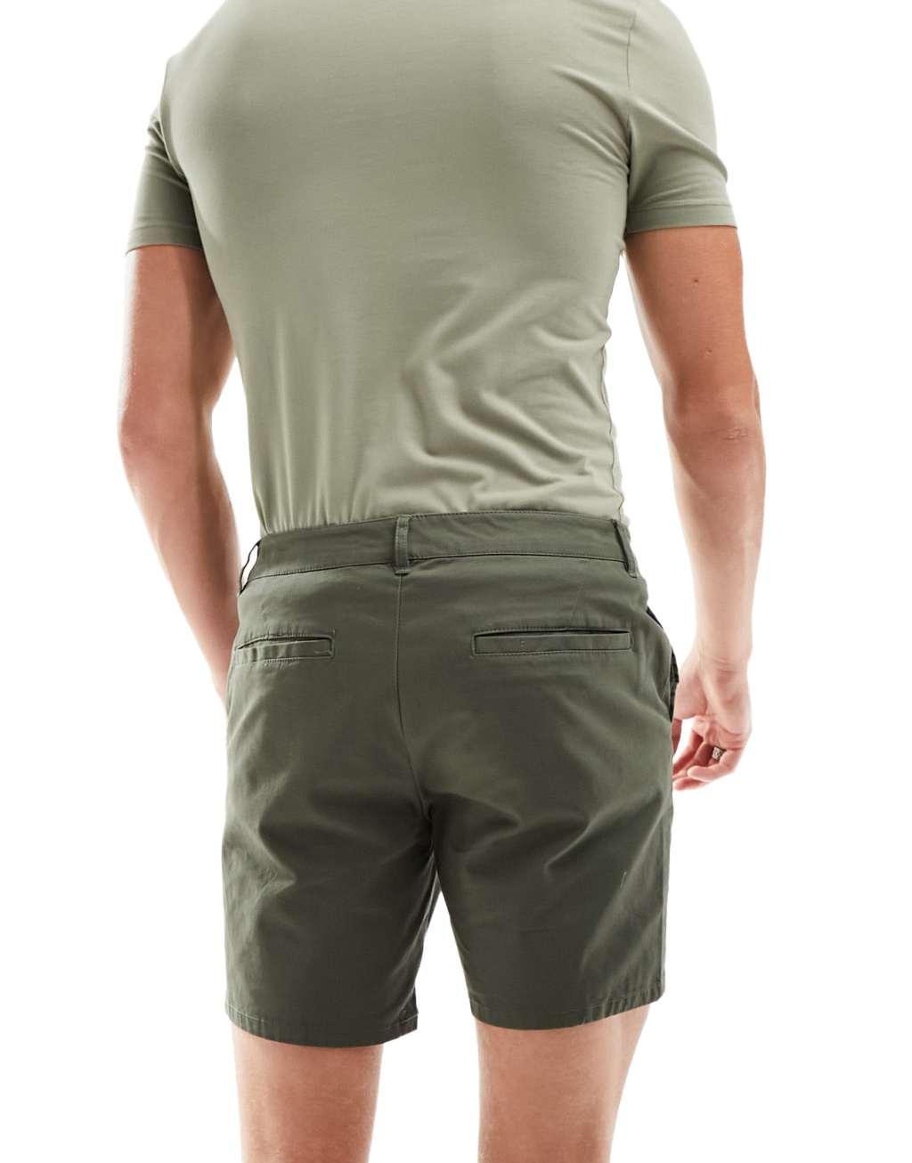 ASOS DESIGN 2 pack slim chino shorts in mid length in dark khaki and black Product Image