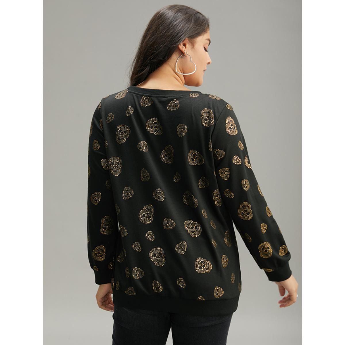 Plus Size Halloween Glitter Skull Print Crew Neck Sweatshirt Women Black Casual Elastic cuffs Round Neck Festival-Halloween Sweatshirts BloomChic 10/M Product Image