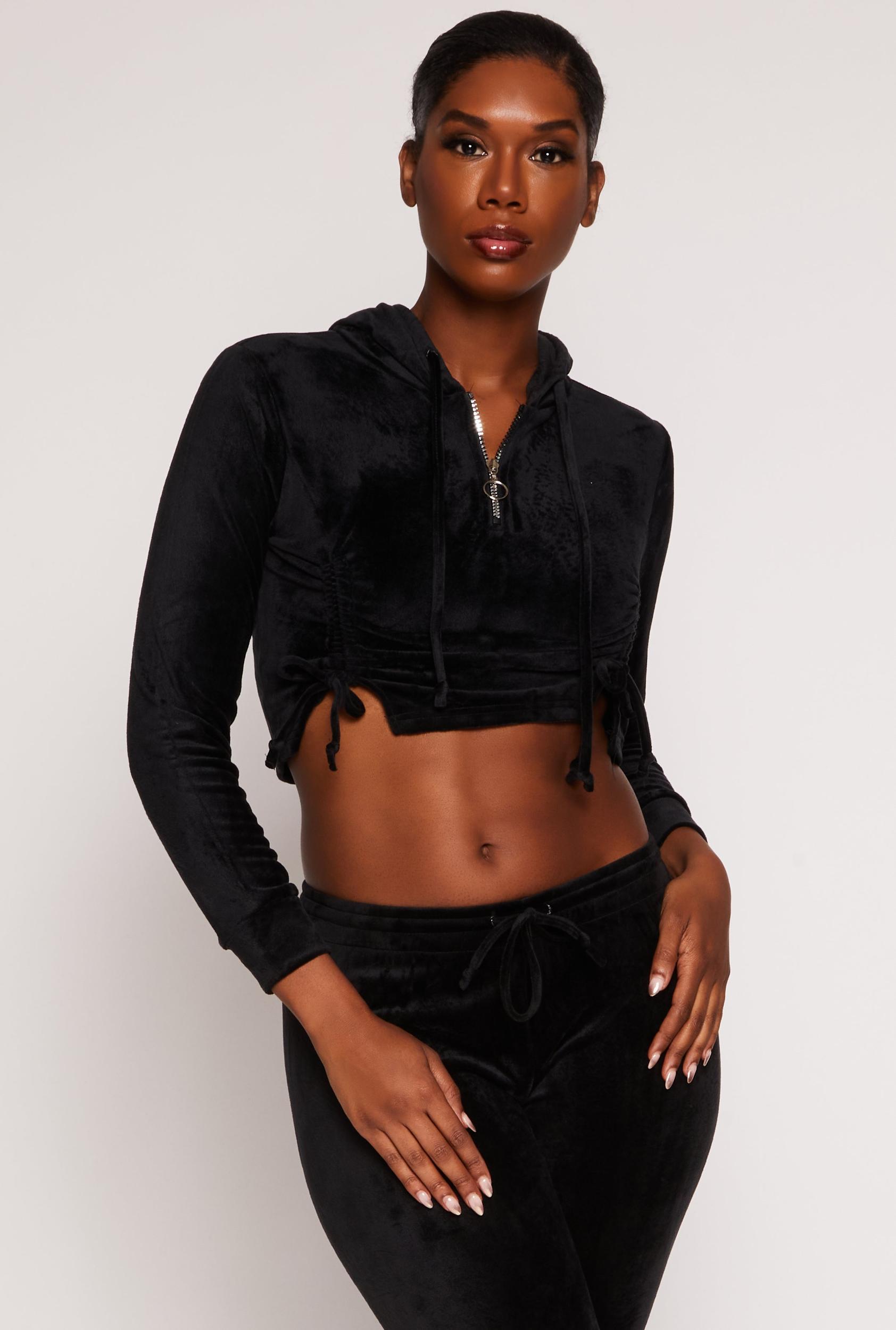Womens Velour Drawstring Ruched Half Zip Hoodie Product Image