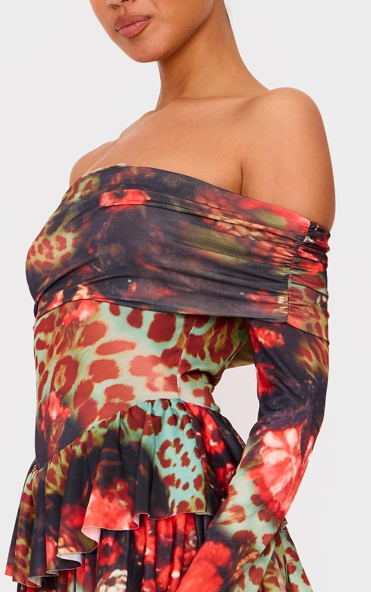 Multi Leopard Print Slinky Long Sleeve Bardot Rara Skort Romper Product Image