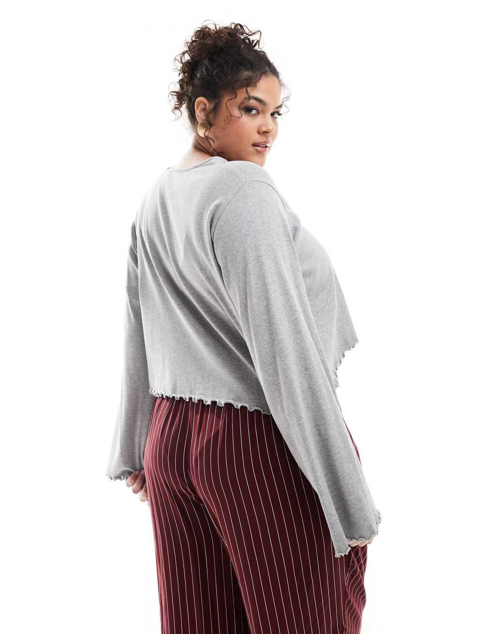 ASOS DESIGN Curve lettuce hem long sleeve t-shirt in gray heather Product Image