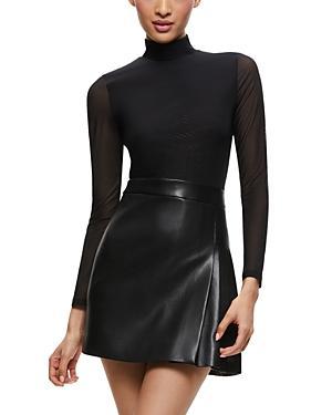 Alice and Olivia Chara Long Sleeve Mesh & Faux Leather Mini Dress Product Image