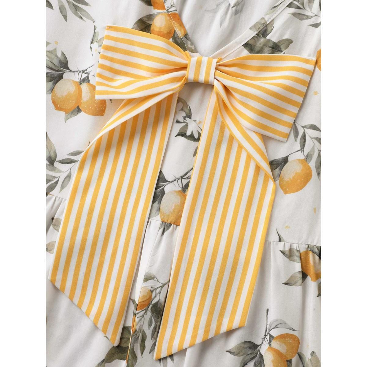 Plus Size Apricot Citrus Print Bow Backless Blouse Women Short sleeve Round Neck Everyday-Casual Blouses BloomChic 10/M Product Image