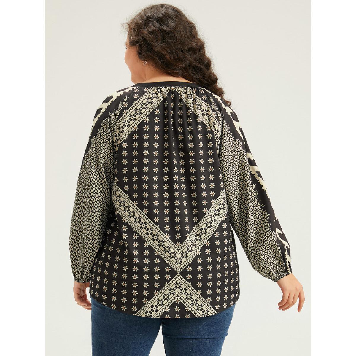 Plus Size Black Boho Print Lantern Sleeve Notched Blouse Women Vacation Long Sleeve Notched collar Dailywear Blouses BloomChic 30/6X Product Image