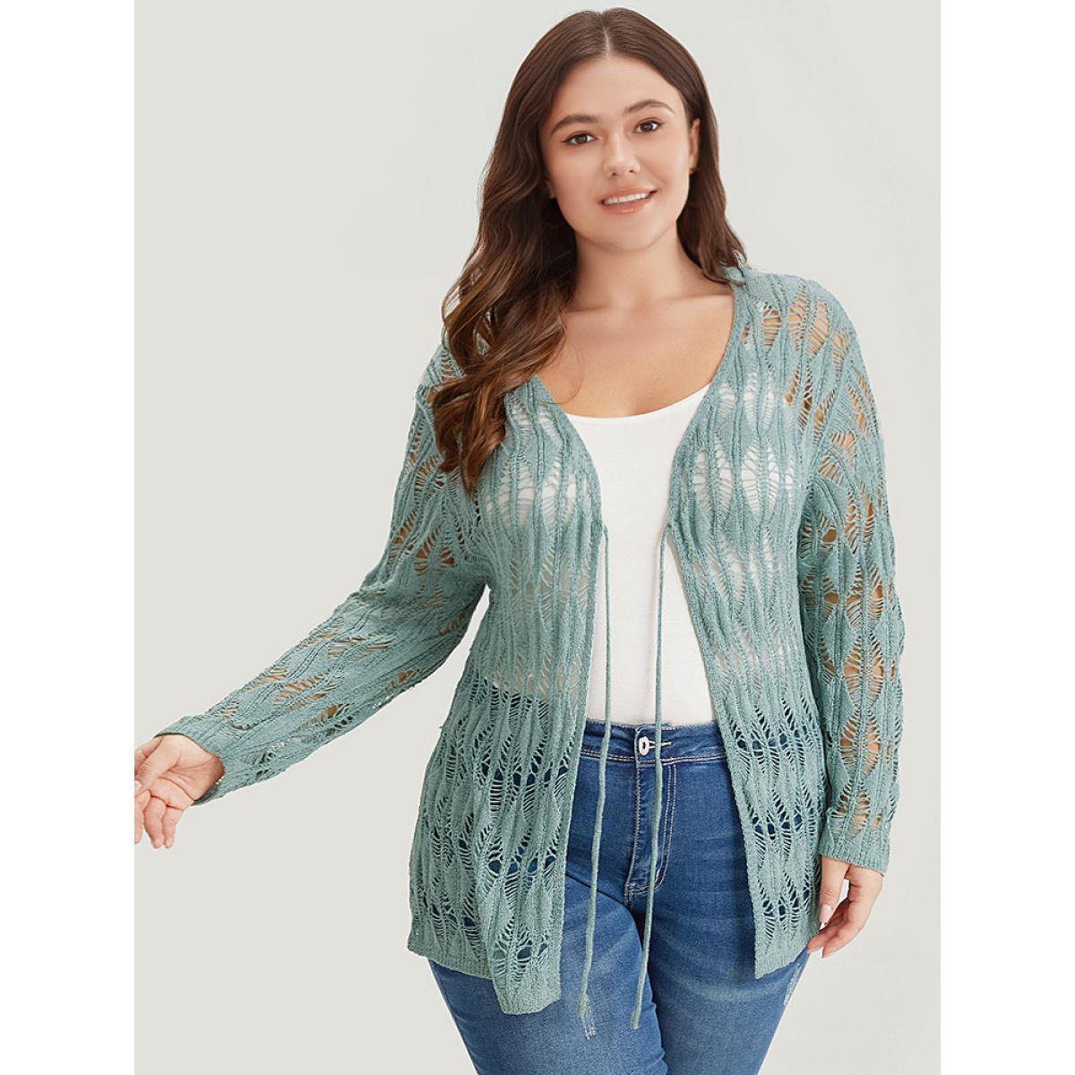 Plus Size Solid Tie Front Hollow Out Cardigan Stone Women Casual Loose Long Sleeve Everyday Cardigans BloomChic 26/4X Product Image