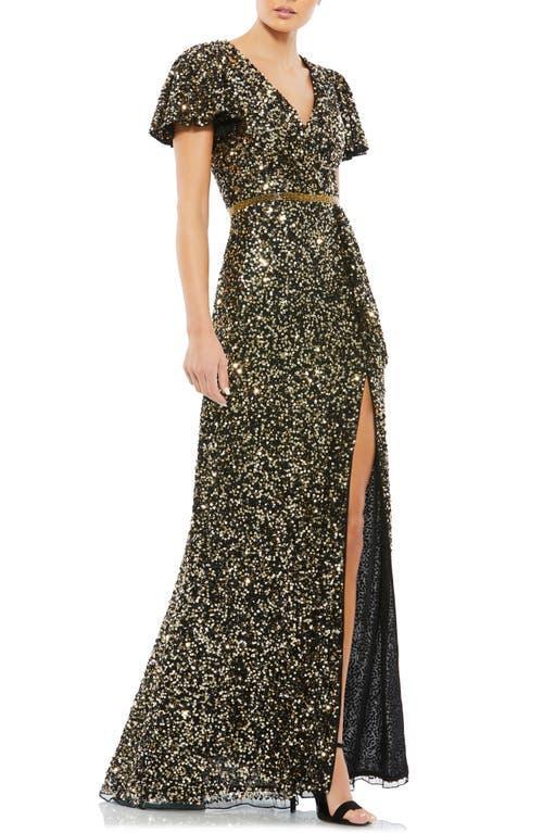 Mac Duggal Sequin V-Neck Short Flutter Sleeve Front Slit Gown Product Image