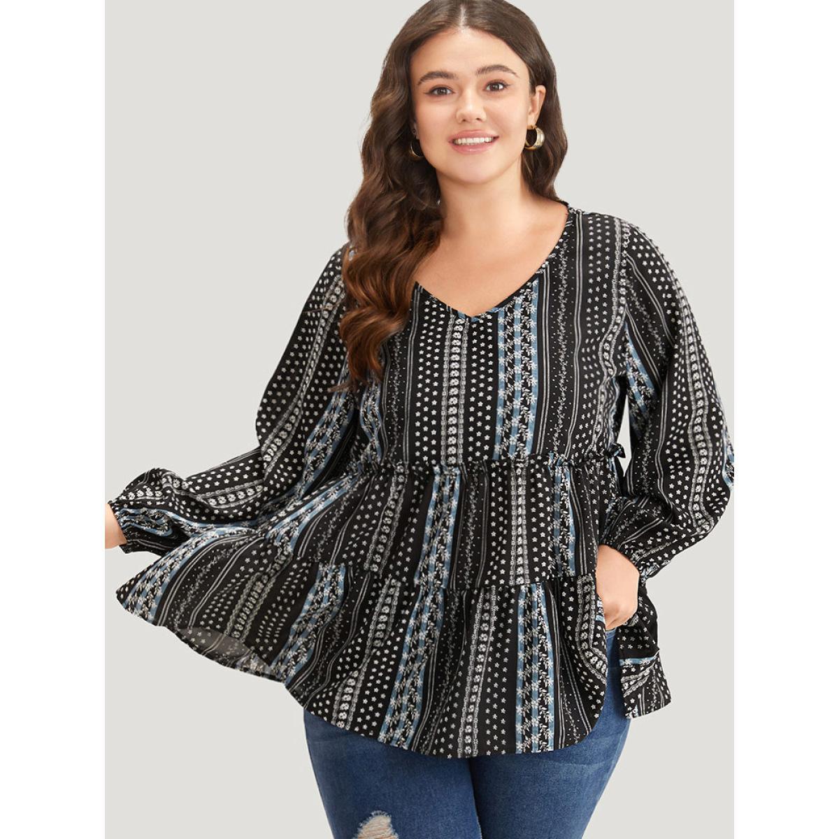 Plus Size BlackFlower Boho Print Frill Trim Ruffle Layered Hem Blouse Women Vacation Long Sleeve V-neck Vacation Blouses BloomChic 18-20/2X Product Image