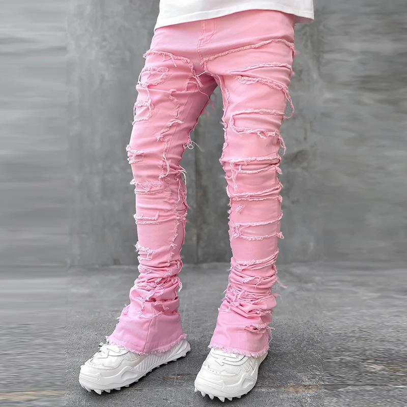 Unisex Men's Hiphop Fashion Elastic Patch Denim Straight Pants Product Image