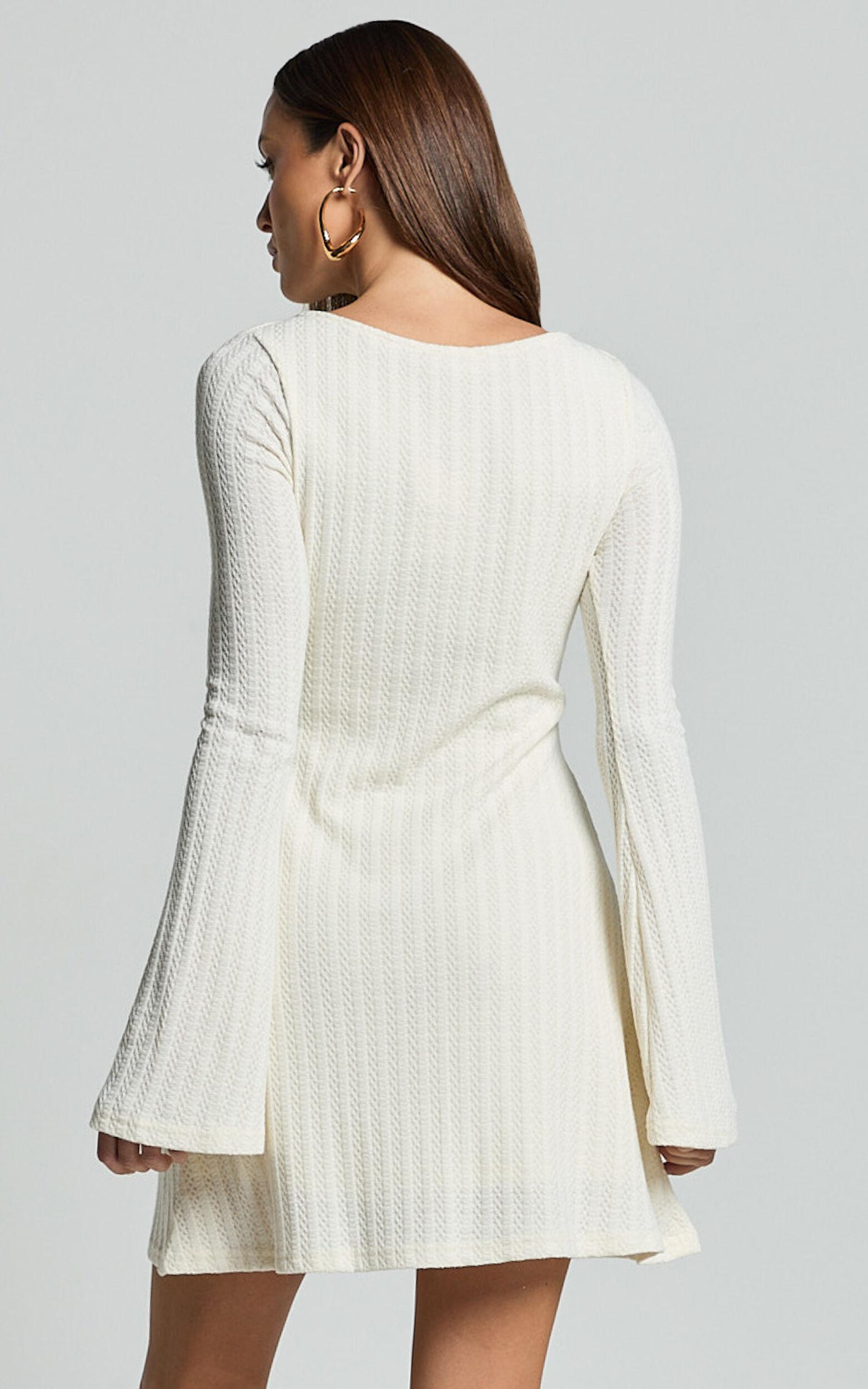 Melissa Mini Dress - Flared Long Sleeve A Line Dress in Off White Product Image