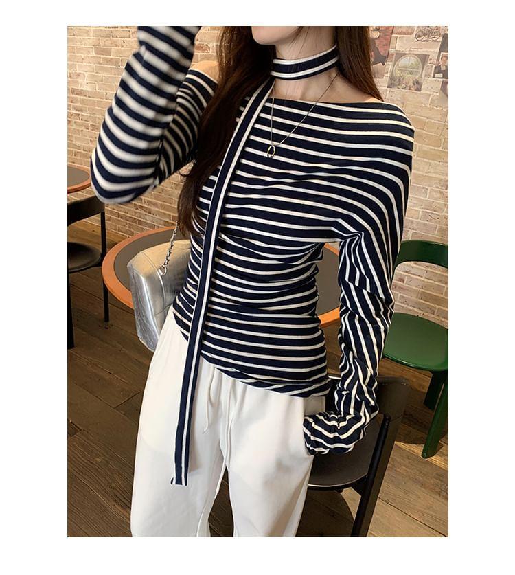 Long Sleeve One Shoulder Striped Asymmetrical Tee Product Image