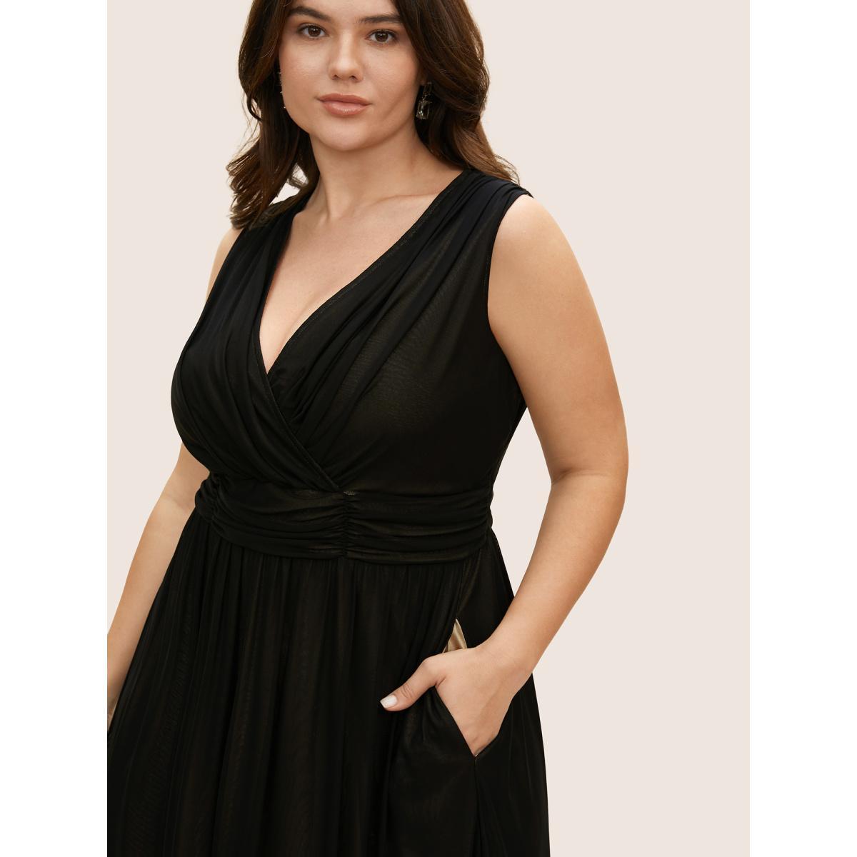 Plus Size Solid Mesh Ruched Midi Tank Dress Burgundy Women Cocktail V-neck Sleeveless Curvy BloomChic 12/L Product Image