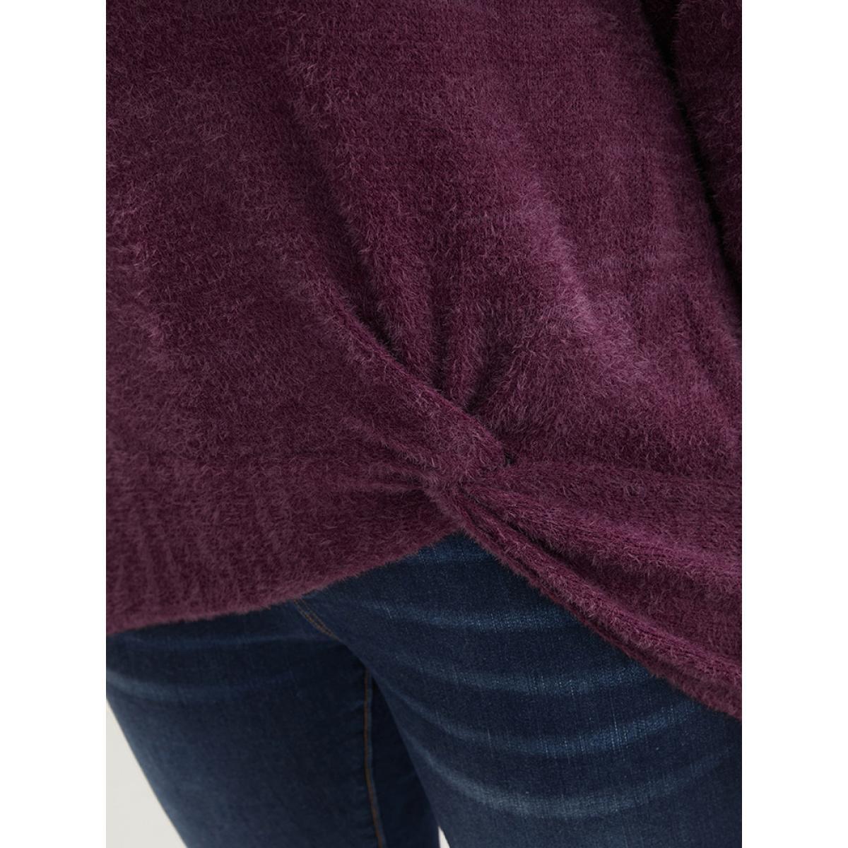 Plus Size Solid Soft Sexy Yarn Knit Twist Front Fluffy Knit Top Burgundy Women Elegant Loose Long Sleeve Round Neck Dailywear Pullovers BloomChic 12/L Product Image