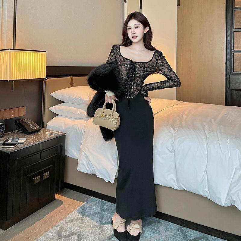 Long Sleeve Square Neck Lace Up Panel Lace Maxi Sheath Dress Product Image