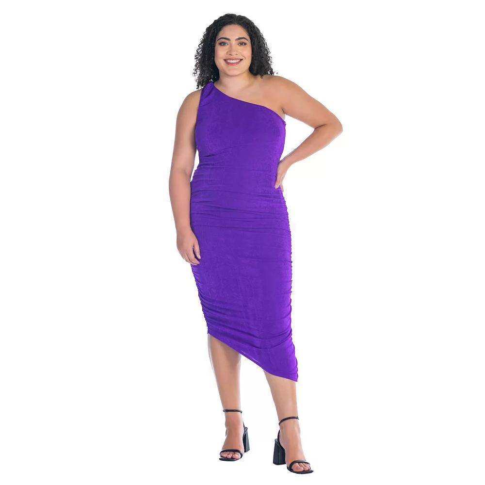 Plus Size 24Seven Comfort Apparel One-Shoulder Ruched Bodycon Dress, Women's, Size: 3XL, Purple Product Image
