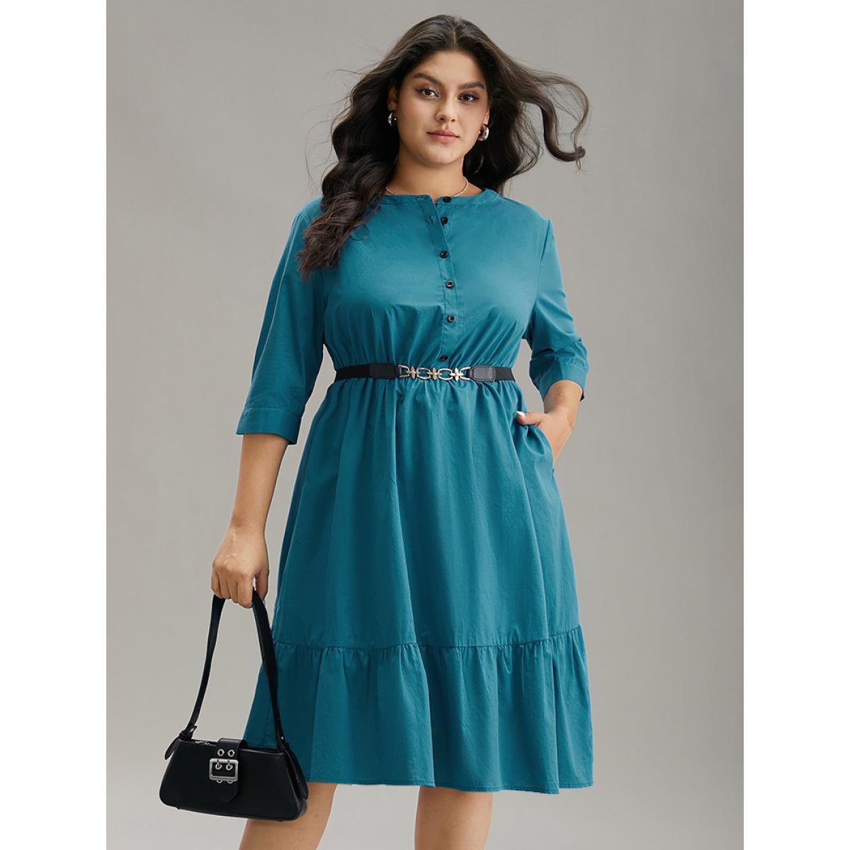 Plus Size Solid Button Up Ruffles Pocket Gathered Dress Aegean Women Office Plain Round Neck Elbow-length sleeve Curvy Midi Dress BloomChic 28/5X Product Image