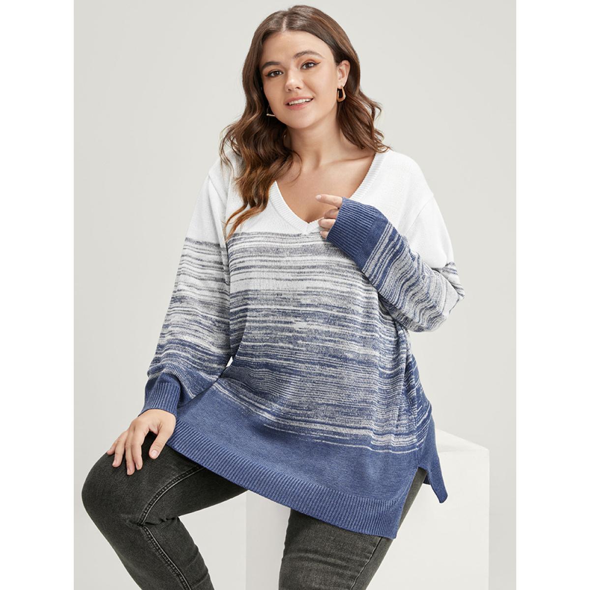 Plus Size Ombre Contrast Mixed Yarn Knit Split Hem Knit Top Indigo Women Casual Loose Long Sleeve Dailywear Pullovers BloomChic 18-20/2X Product Image