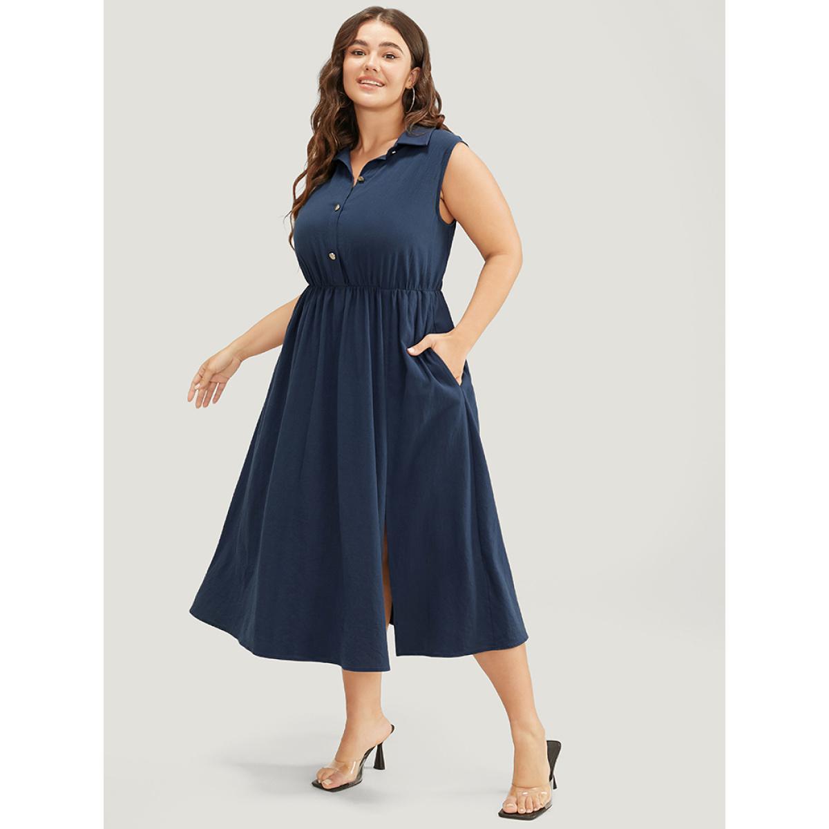 Plus Size Solid Shirt Collar Sleeveless Pocket Button Up Split Hem Dress Indigo Women Office Button Shirt collar Sleeveless Curvy Midi Dress BloomChic 14-16/1X Product Image