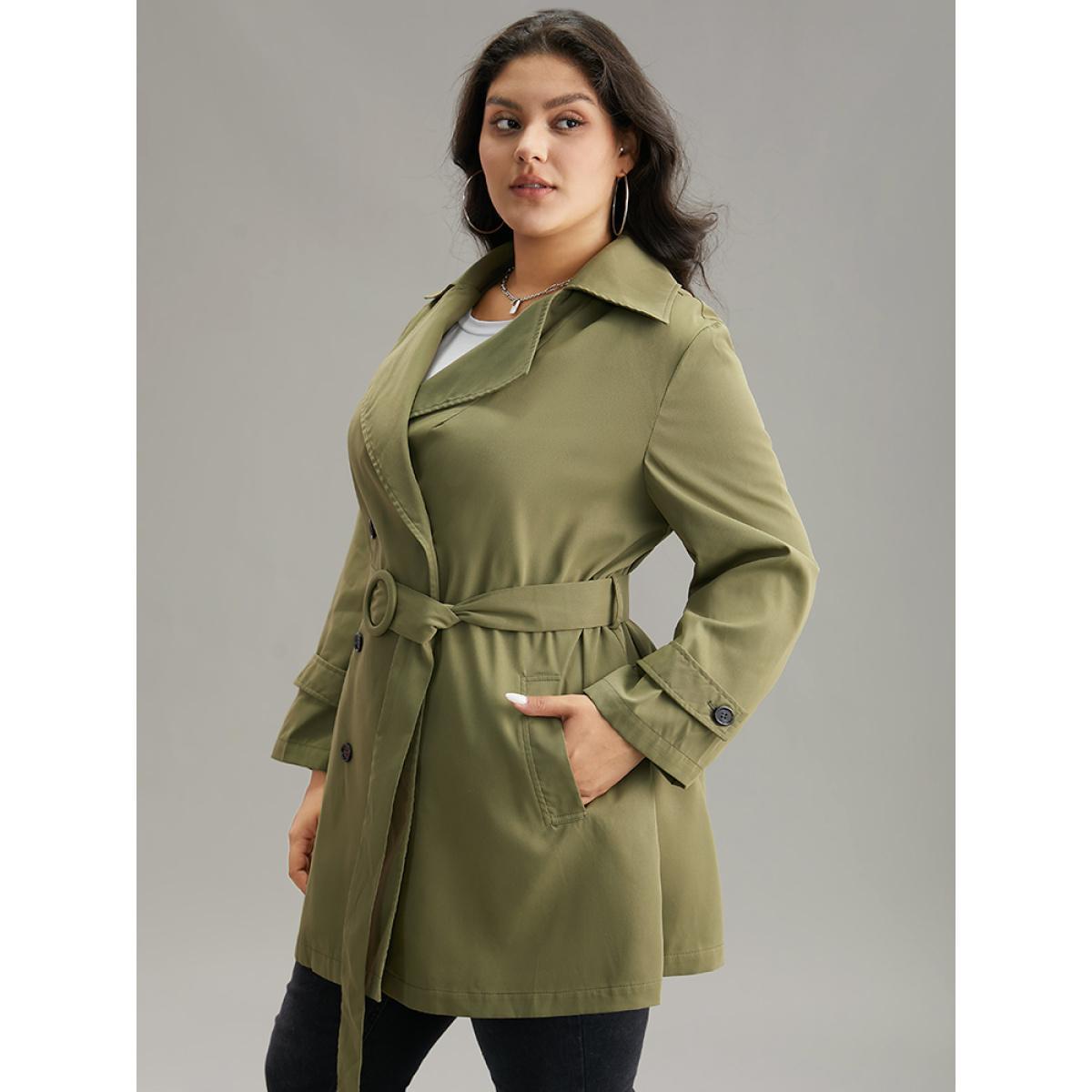 Plus Size Plain Double Breasted Belted Pocket Windbreaker Women ArmyGreen Casual Plain Ladies Dailywear Winter Coats BloomChic 10/M Product Image