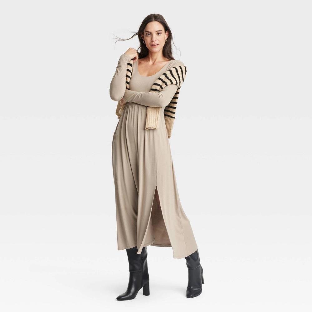 Womens Long Sleeve Knit Ballet Maxi Dress - A New Day Tan M Product Image