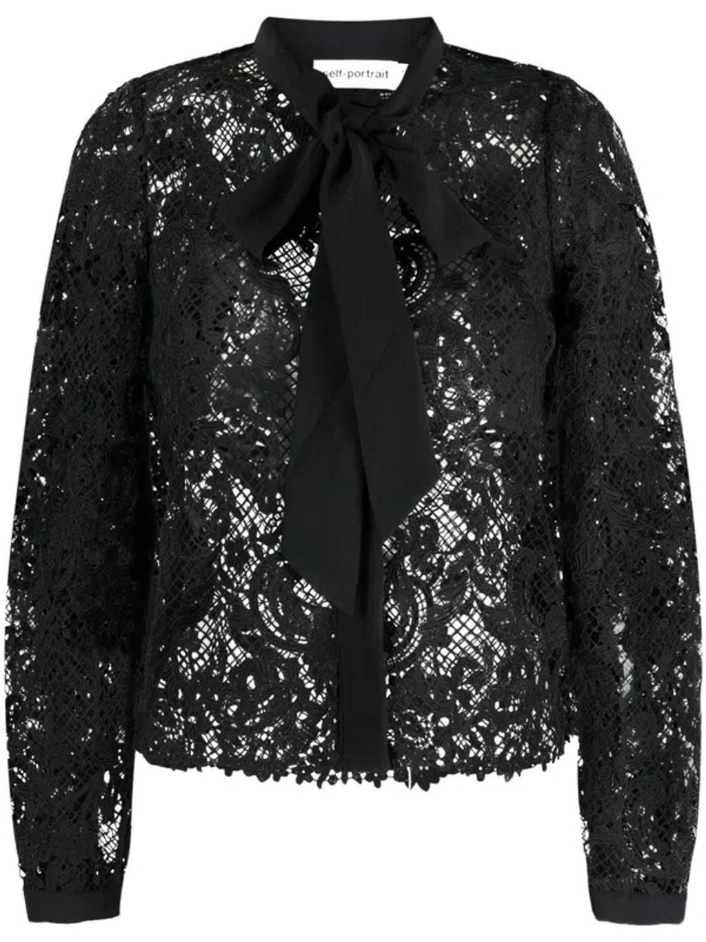 Self Portrait Black Lace Pussy Bow Shirt Product Image