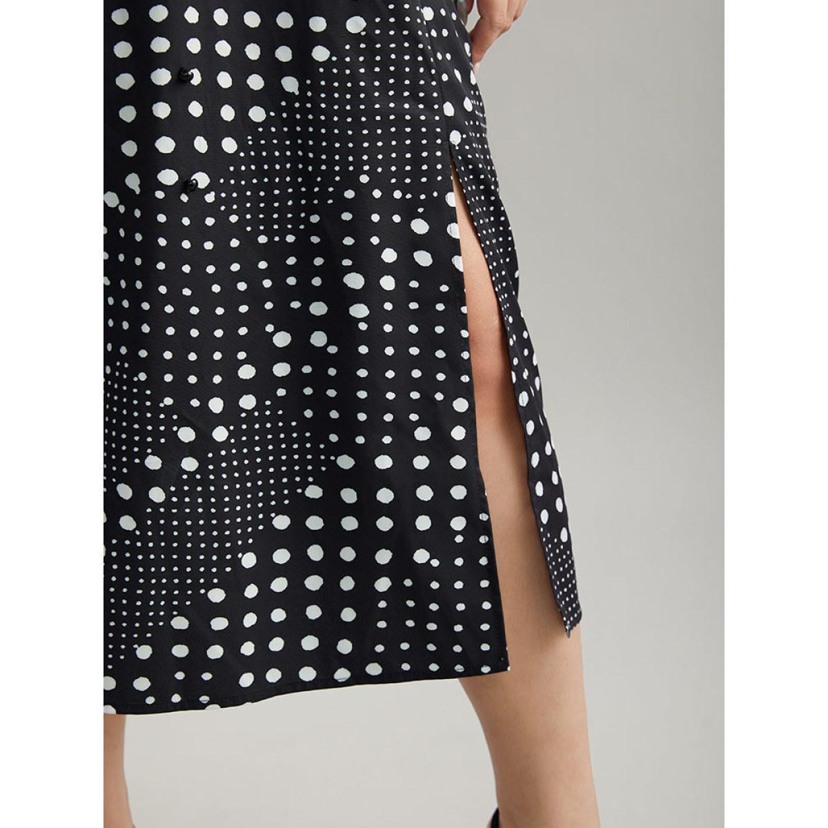 Plus Size Polka Dot Elastic Waist Split Hem Dress Black Women At the Office Pleated V-neck Long Sleeve Curvy Midi Dress BloomChic 22-24/3X Product Image