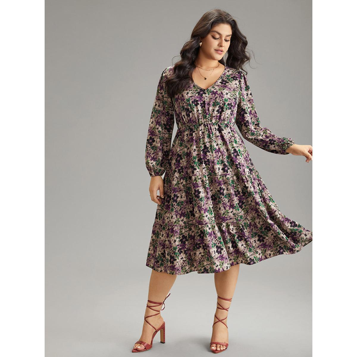 Plus Size Floral Gathered Ruffle Layered Hem Dress Mauve Women Elegant Elastic cuffs V-neck Long Sleeve Curvy Midi Dress BloomChic 18-20/2X Product Image