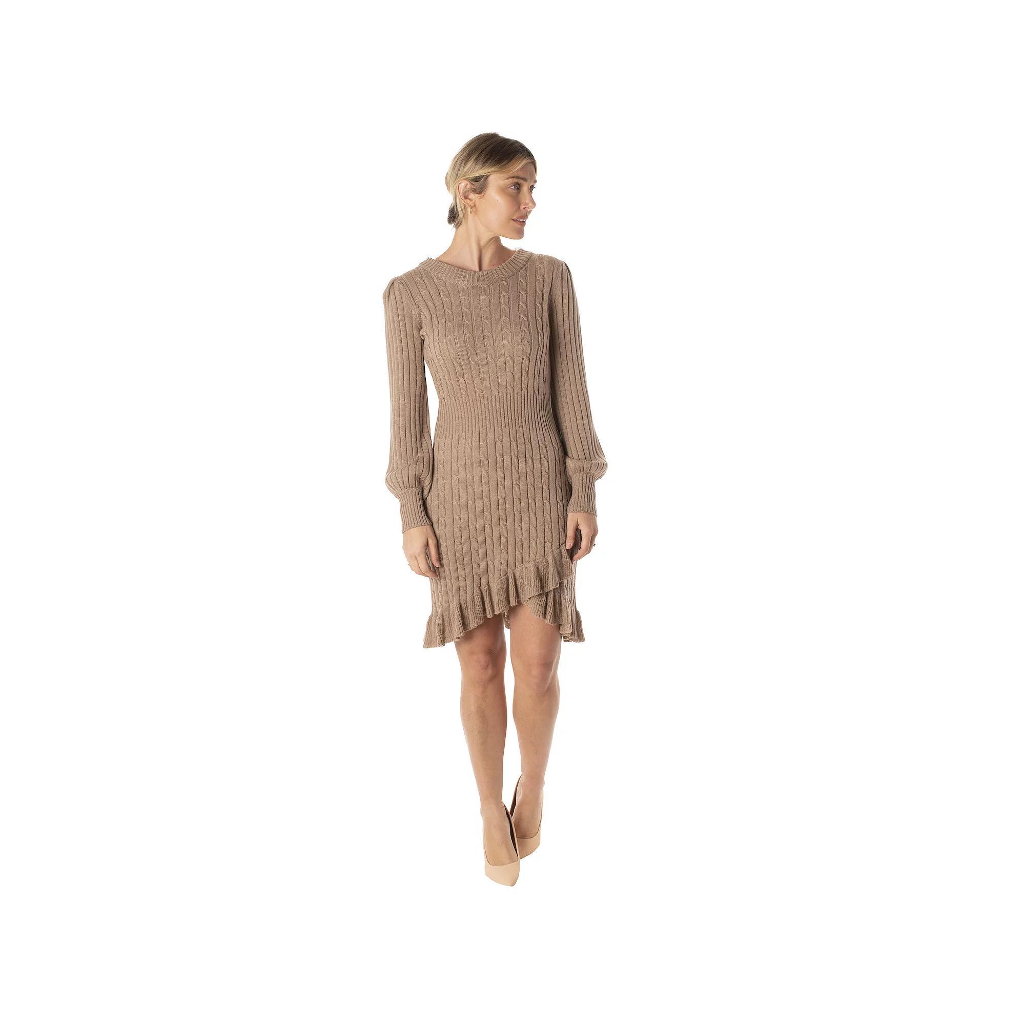 Women's Taylor Ruffled Tulip-Hem Sweaterdress, Size: Large, Brown Product Image