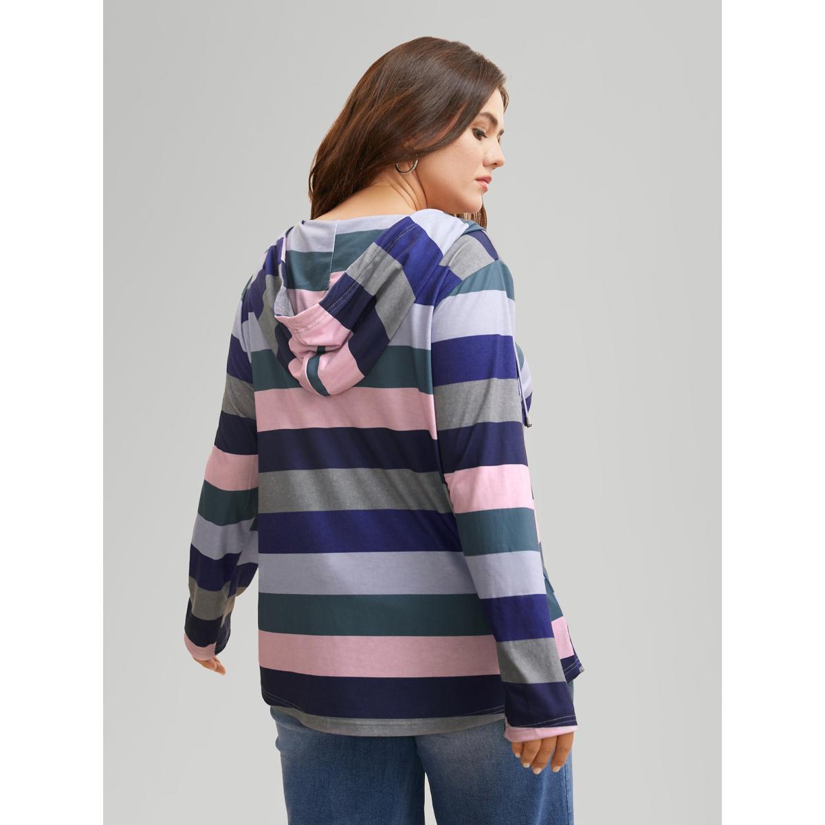 Plus Size Contrast Striped Hooded Drawstring T-shirt Multicolor Women Casual Drawstring Hooded Everyday T-shirts BloomChic 14-16/1X Product Image