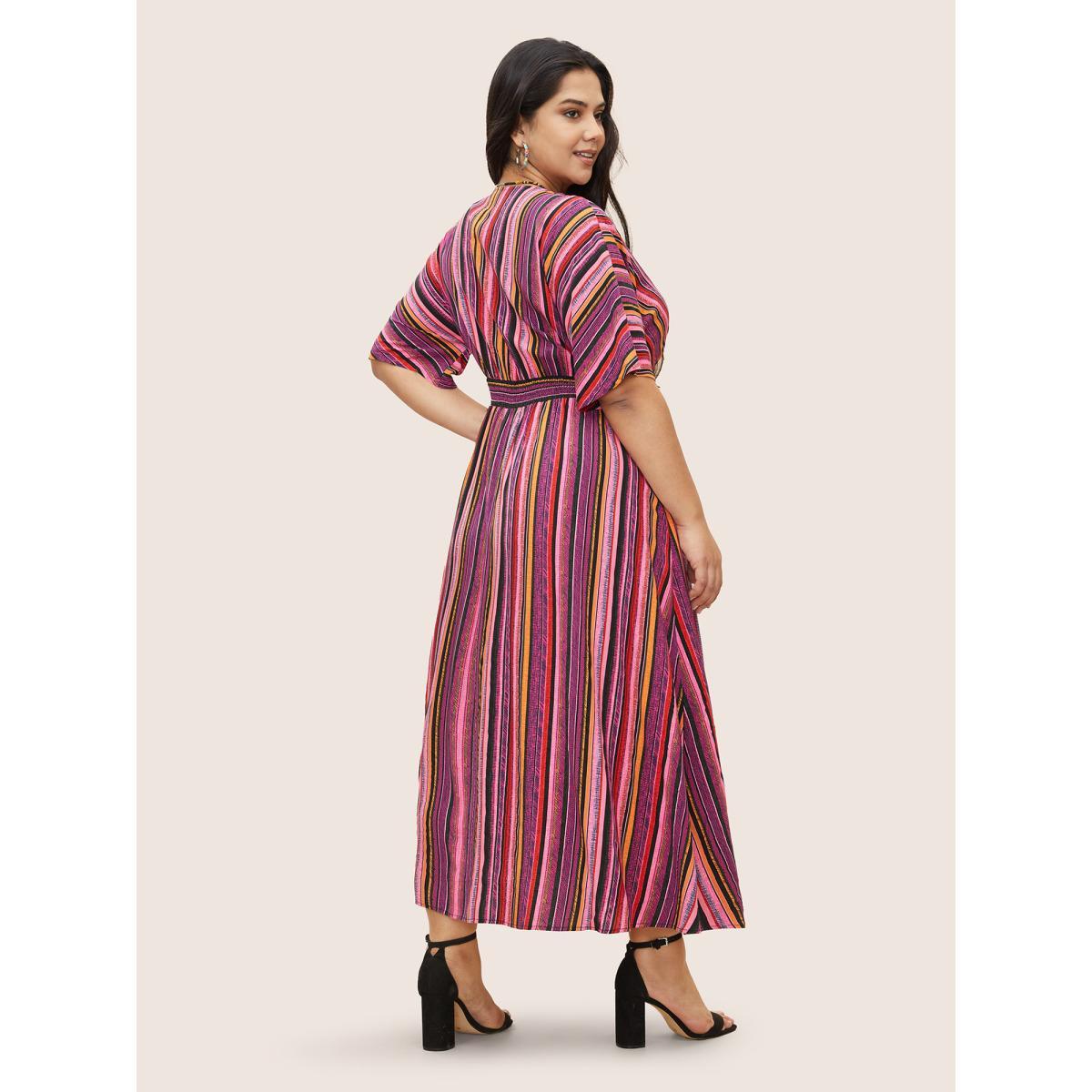 Plus Size Striped Contrast Dolman Sleeve Shirred Pocket Split Flutter Dress RedViolet Women Resort Non V-neck Half Sleeve Curvy BloomChic 18-20/2X Product Image