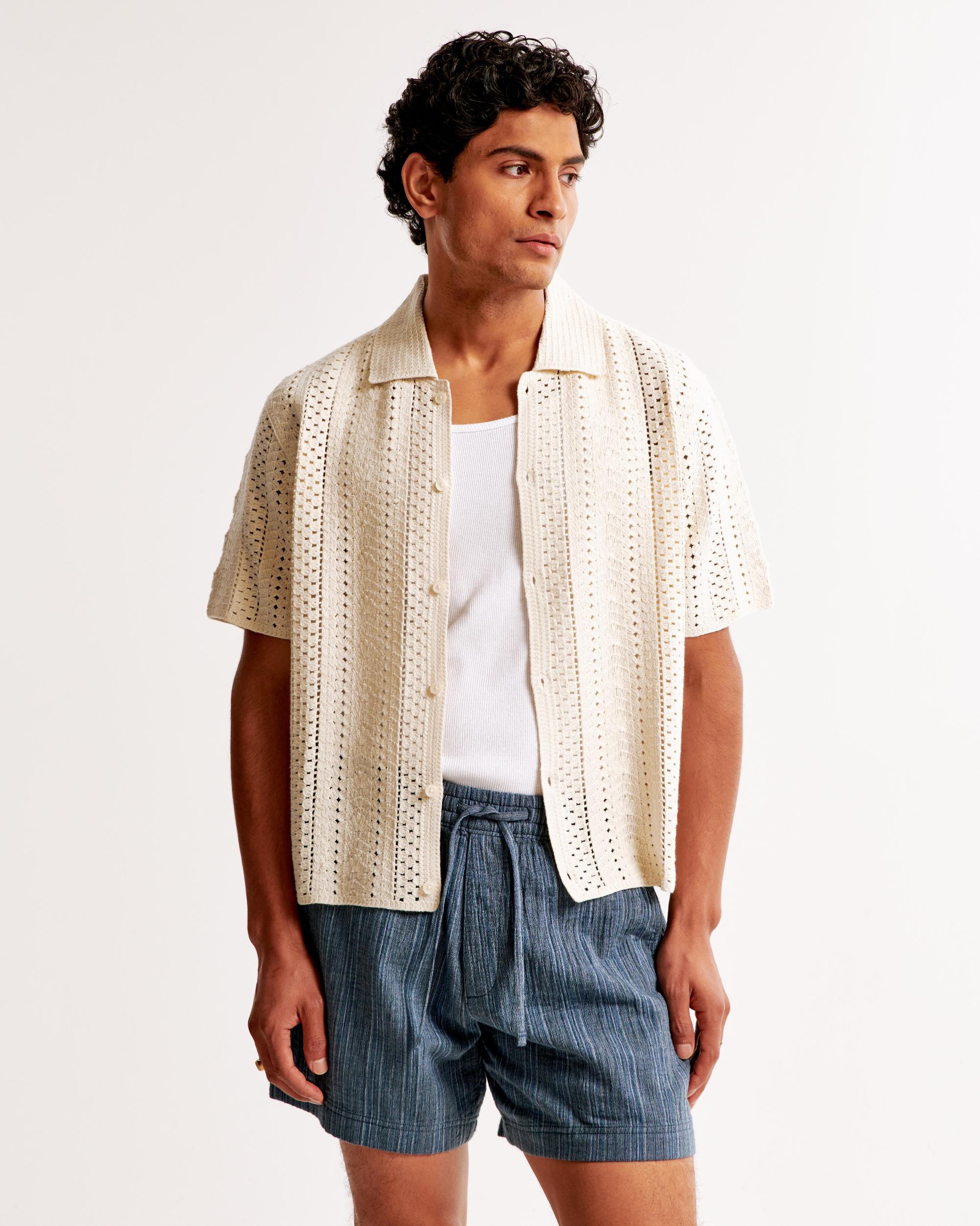 Crochet-Style Geometric Pattern Button-Through Sweater Polo Product Image