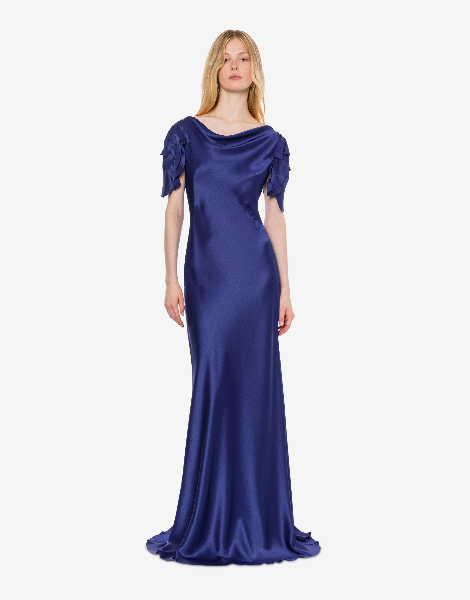 Satin long dress with laser-cut sleeves Product Image