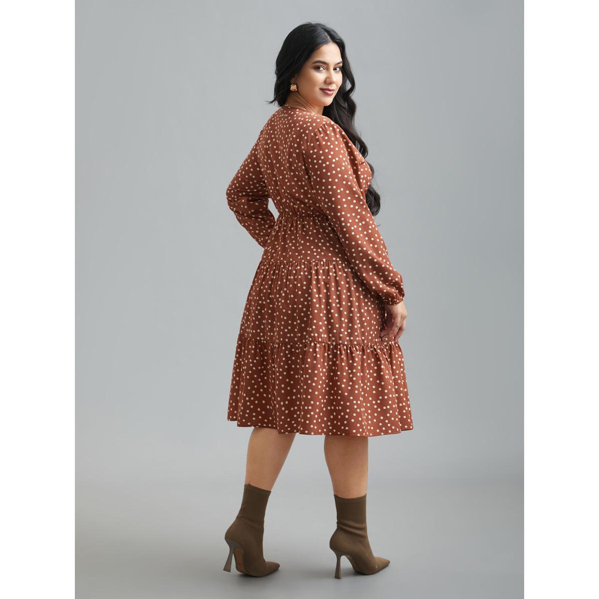 Plus Size Polka Dot Waist-Cinched Tiered Dress Rust Women At the Office Ruffles Round Neck Long Sleeve Curvy BloomChic 22-24/3X Product Image