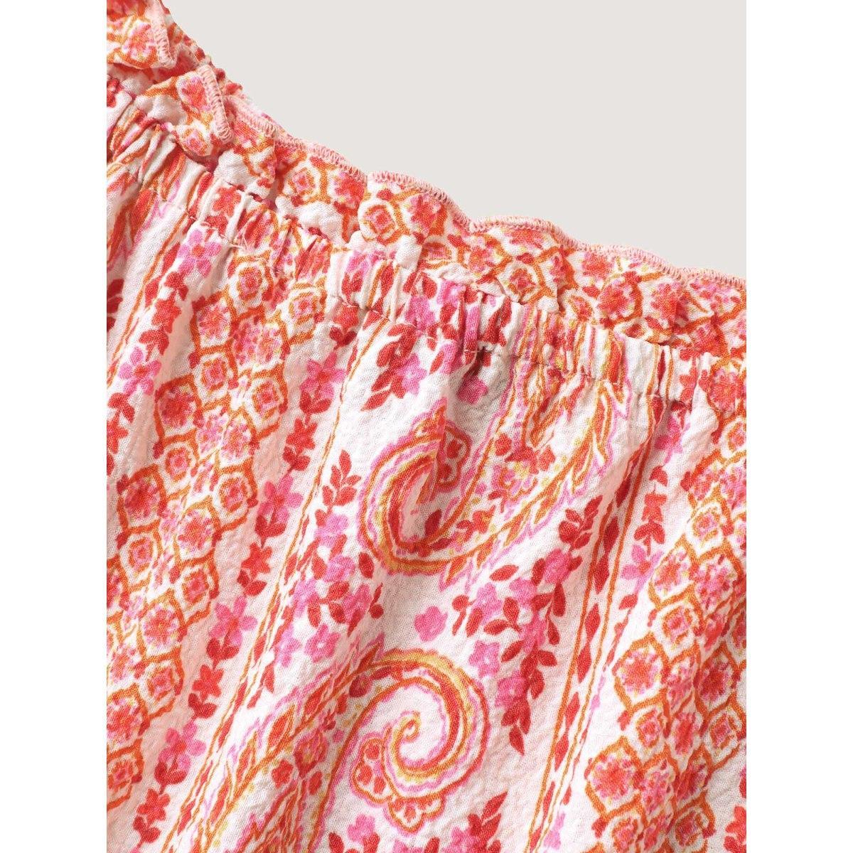 Plus Size WhiteSmoke Stripe Paisley Print Ruffled Neck Blouse Women Short sleeve Square Neck Everyday-Elegant Blouses BloomChic 22-24/3X Product Image