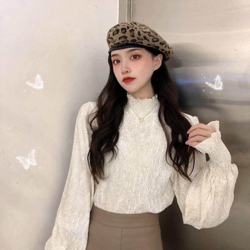 Long-Sleeve Mock Neck Plain Lace Blouse Product Image
