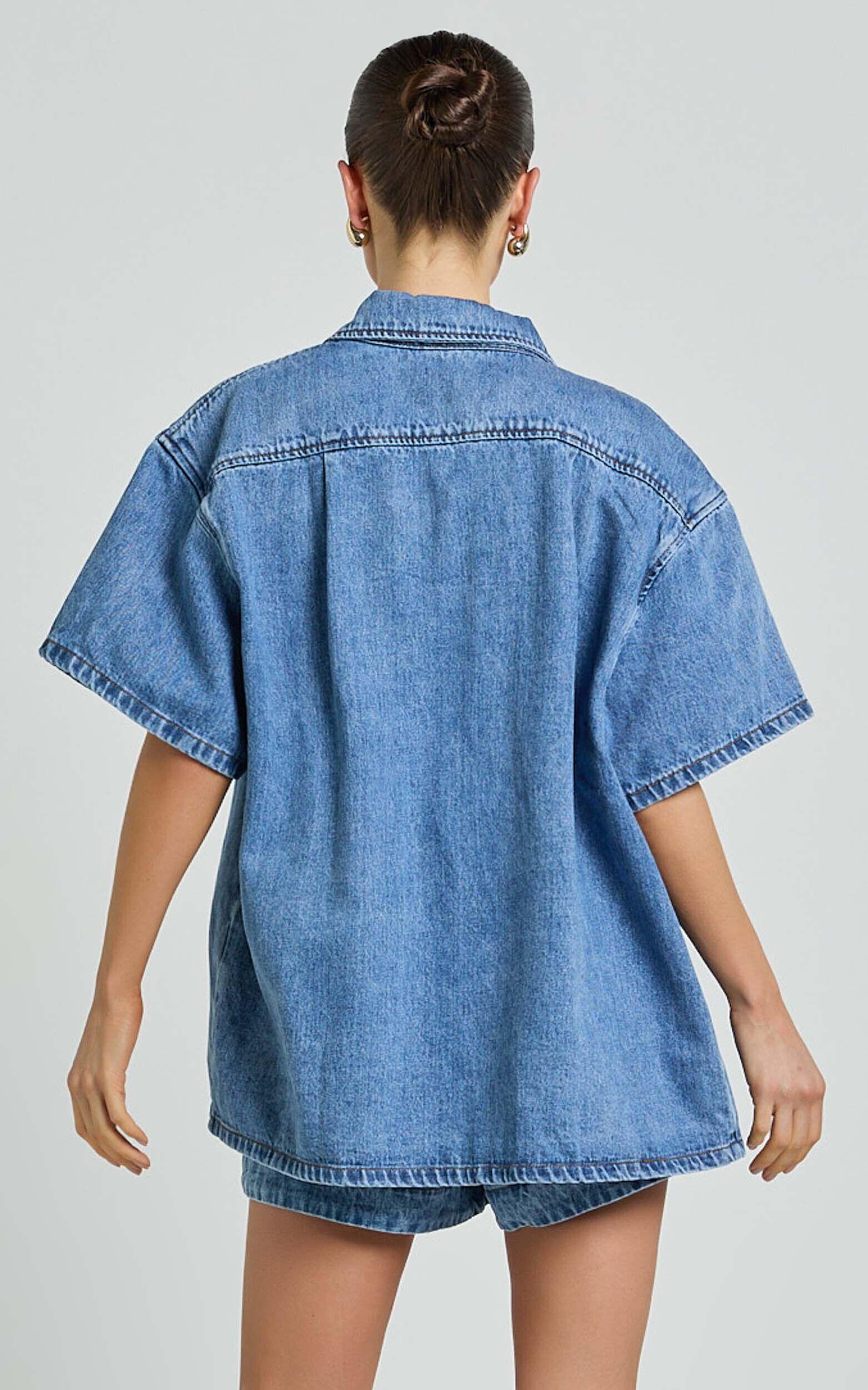 Rhianna Top - Oversized Recycled Denim Short Sleeve Shirt in Mid Blue Wash Product Image