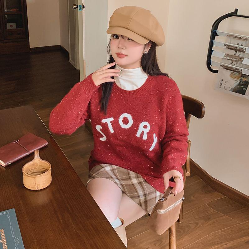 Round Neck Lettering Melange Sweater Product Image