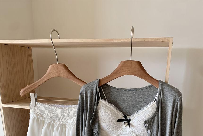 Set: V-Neck Lace Trim Camisole Top + Plain Cardigan + High Waist Plain Tiered Mini A-Line Skirt Product Image