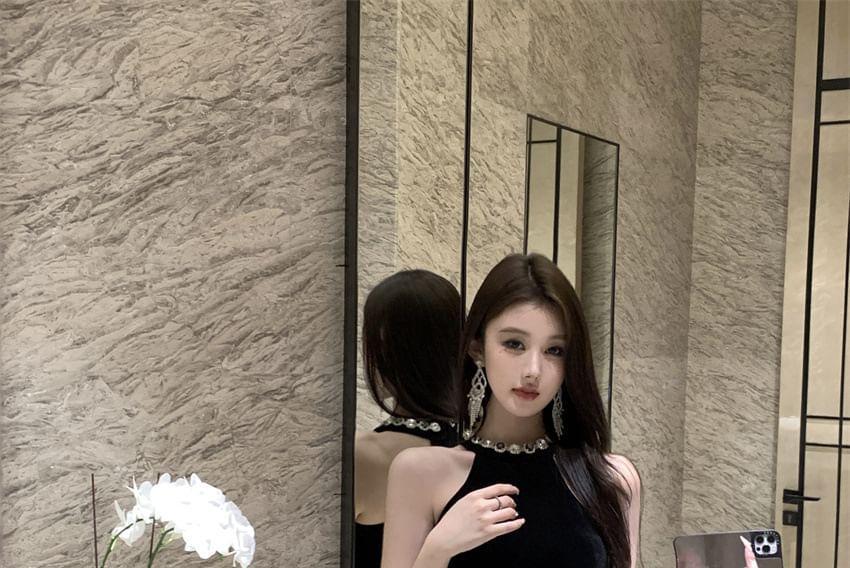 Halter-Neck Rhinestone Asymmetrical Velvet Mini Bodycon Dress Product Image