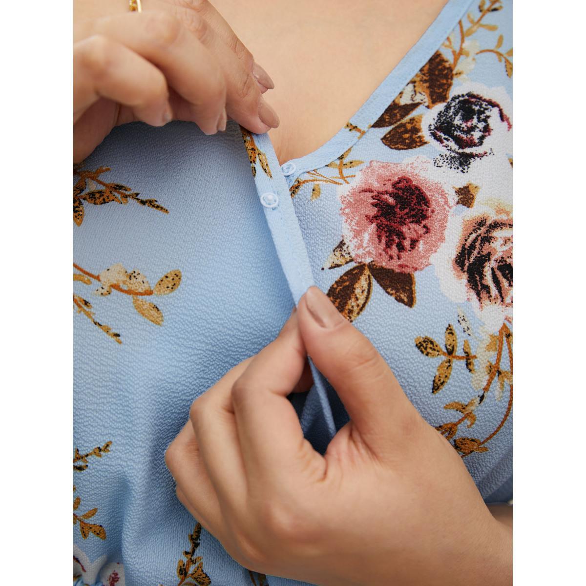 Floral Wrap Smocked Plus Size Women Casual Blouses Dailywear Ruffle Sleeve Short Sleeve V Neck Elegance Blouses BloomChic Product Image