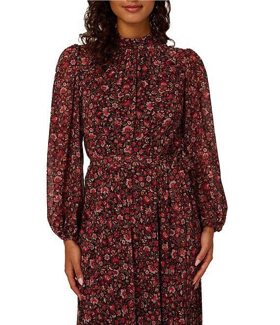 Adrianna Papell Floral Print Chiffon Long Bubble Sleeve Midi Dress Product Image
