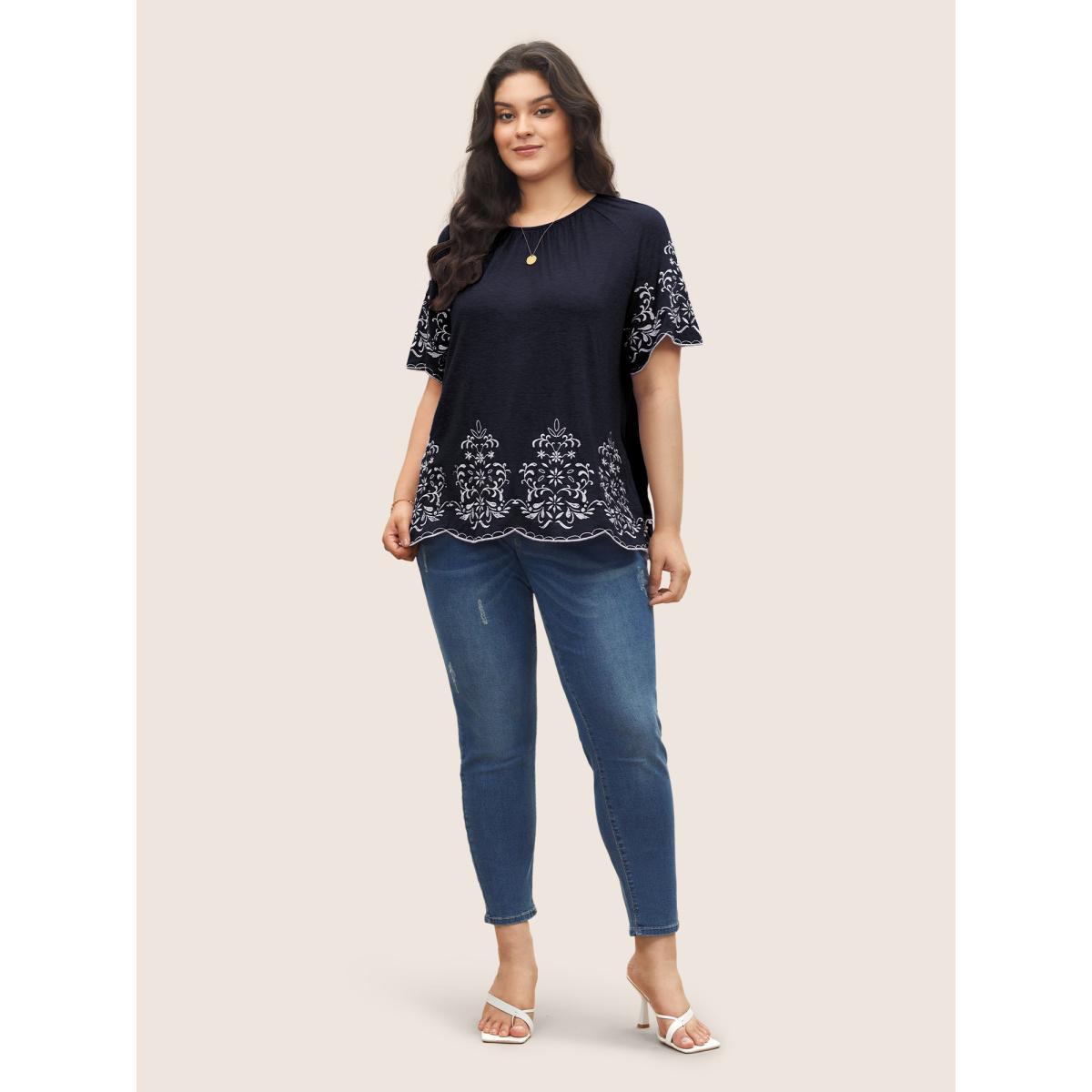 Plus Size Embroidered Scalloped Trim Gathered T-shirt Midnight Women Elegant Embroidered Round Neck Everyday T-shirts BloomChic 18-20/2X Product Image