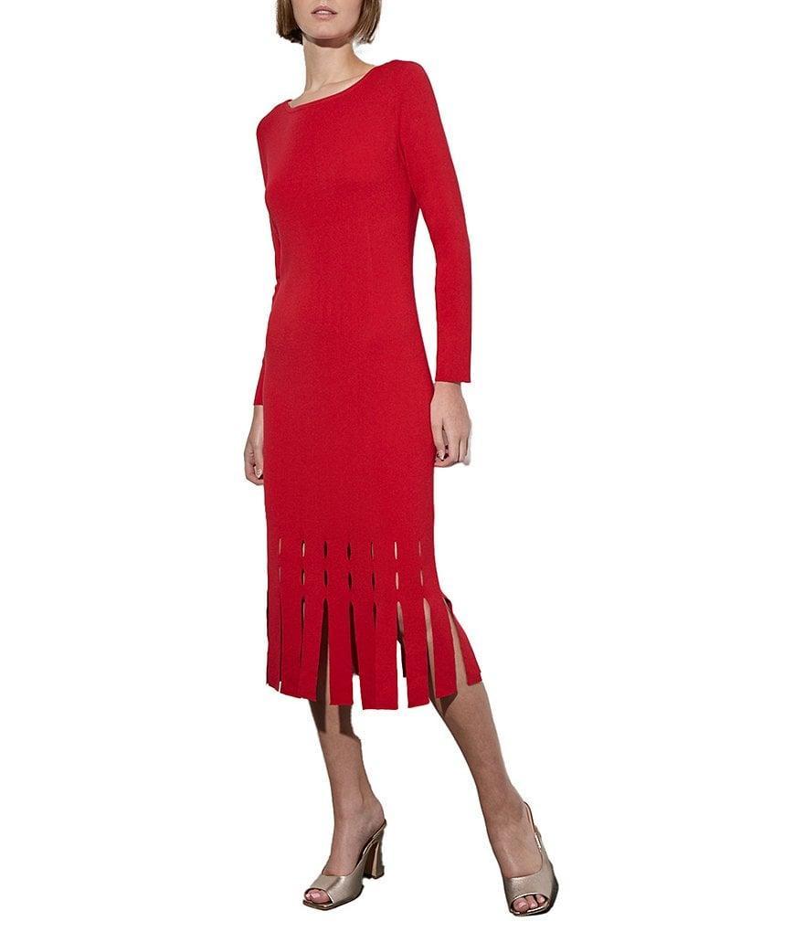 Ming Wang Soft Knit Boat Neck Long Sleeve Lacer Cut Fringe Hem Sheath Midi Dress Product Image