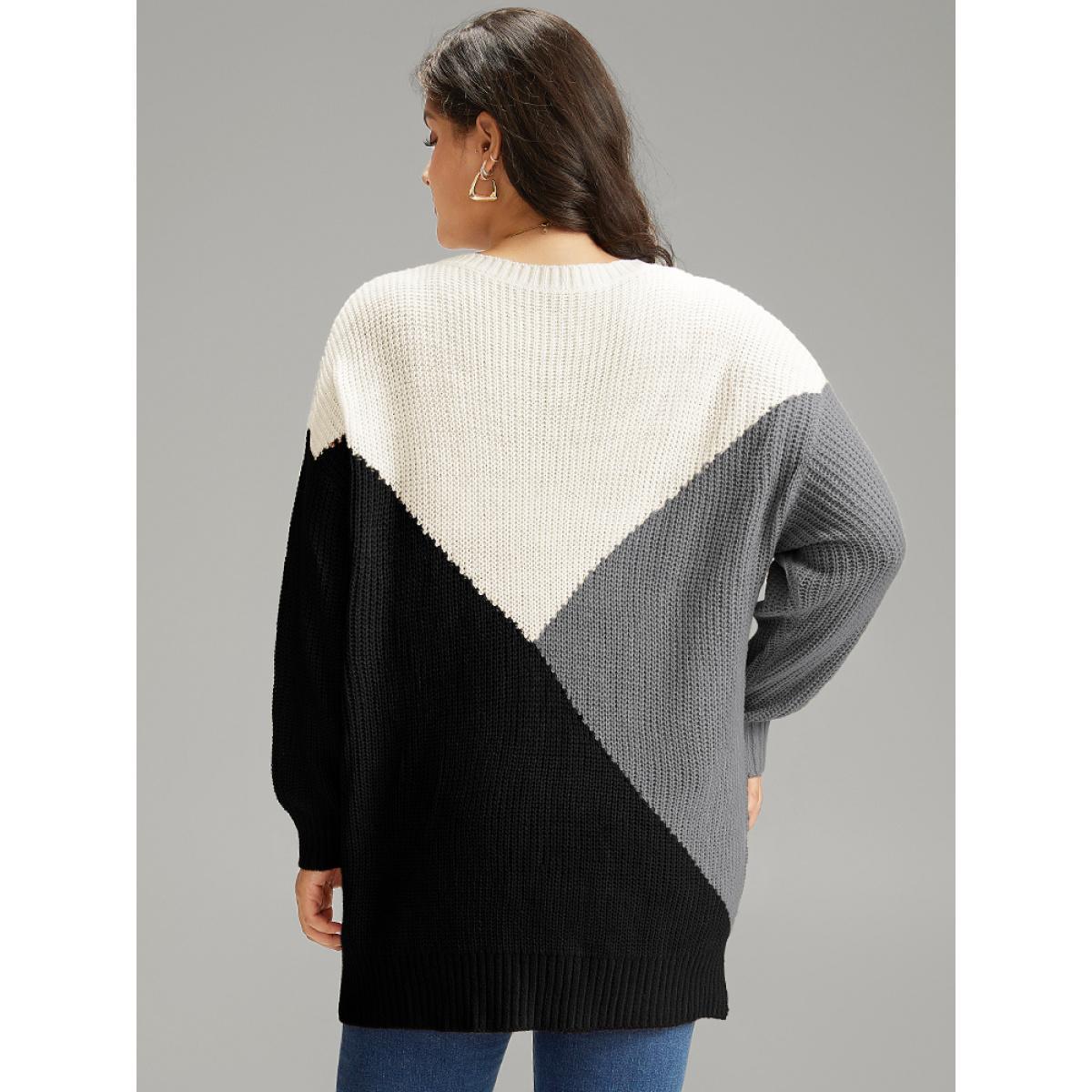 Plus Size Colorblock Split Side Drop Shoulder Pullover Black Women Casual Loose Long Sleeve Round Neck Dailywear Pullovers BloomChic 12/L Product Image