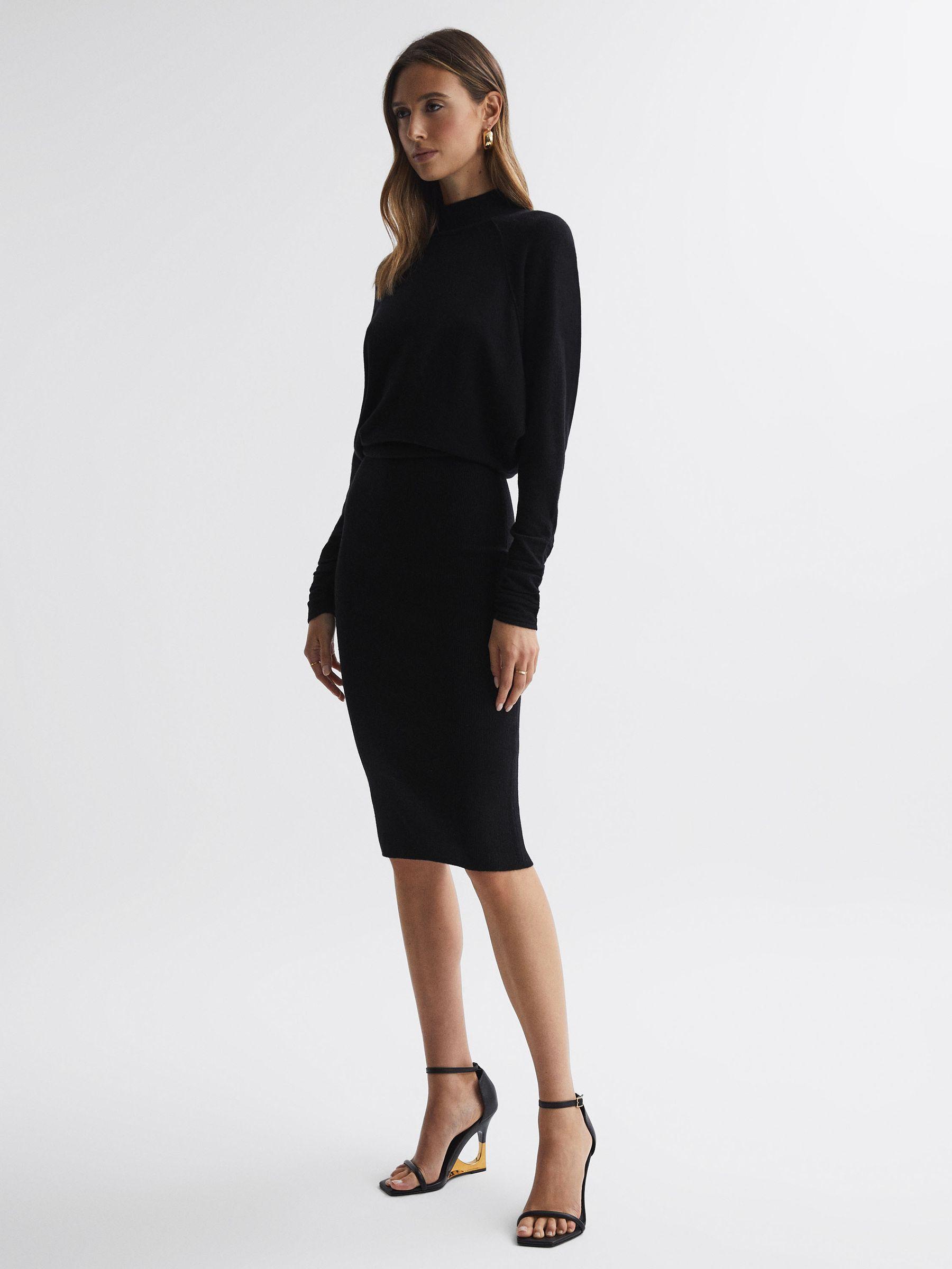 Wool Blend Ruched Sleeve Midi Dress in Black Product Image