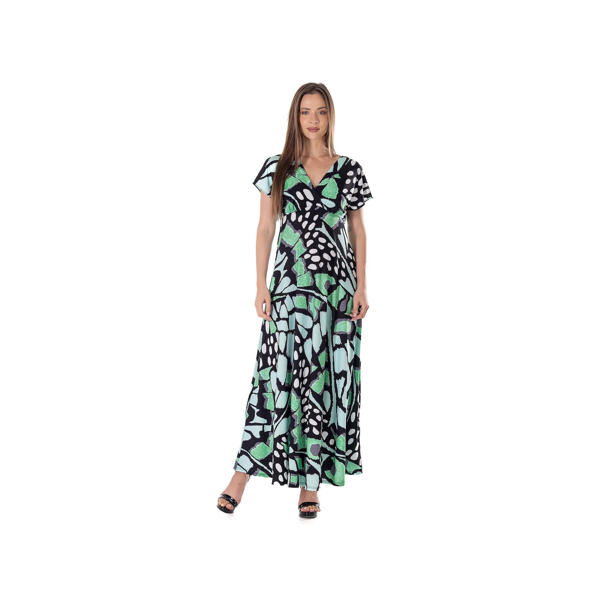 Women's 24Seven Comfort Apparel V Neck Empire Waist Kimono Cap Sleeve Maxi Dress, Size: Medium, Green Team Product Image