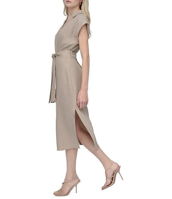 DKNY by Donna Karan V-Neck Collar Cap Sleeve Belted Midi Sheath Dress Product Image