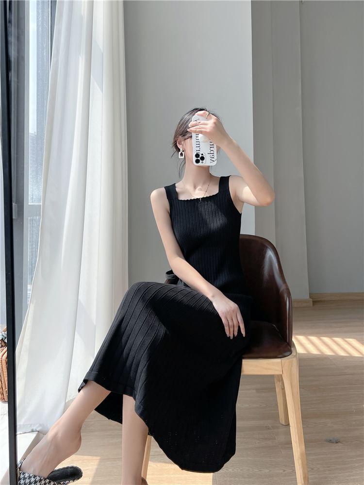 Sleeveless Square Neck Plain Midi A-Line Knit Dress Product Image